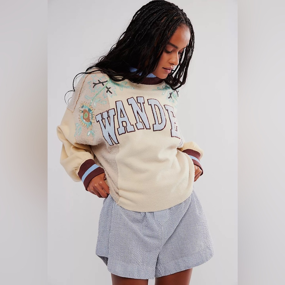 Free People Bali Day Dreams Wander Beaded Patchwork Crew Pullover Sweatshirt | M - Picture 4 of 9